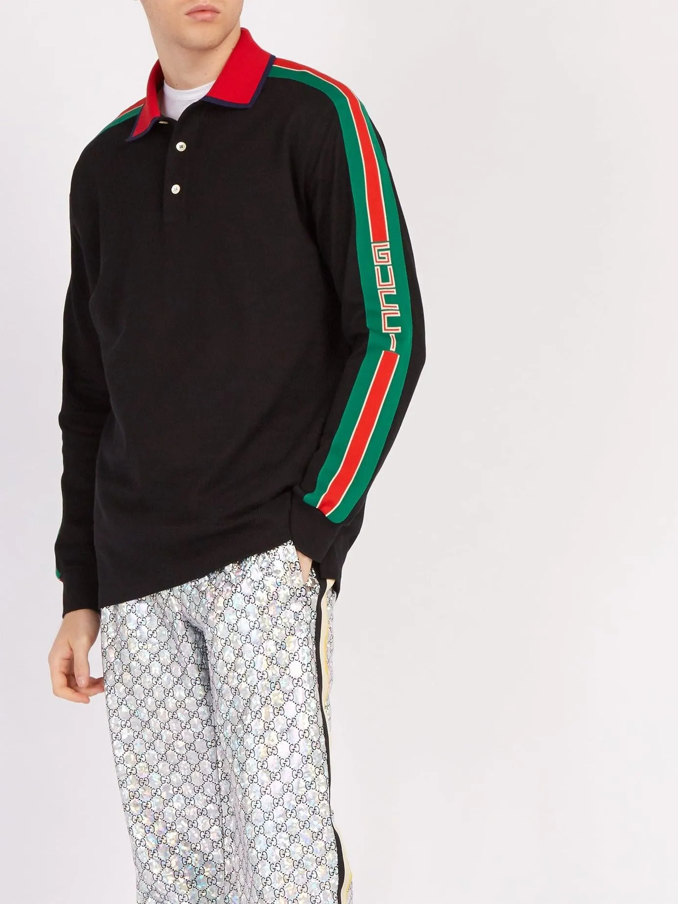 Gucci Web-stripe Detail Long Sleeve Polo in Black