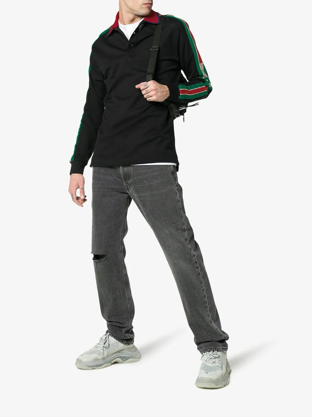 Gucci Web-stripe Detail Long Sleeve Polo in Black