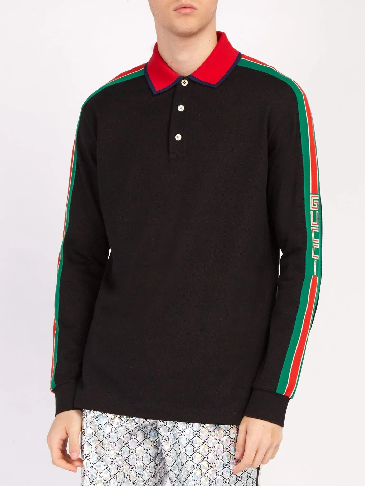 Gucci Web-stripe Detail Long Sleeve Polo in Black