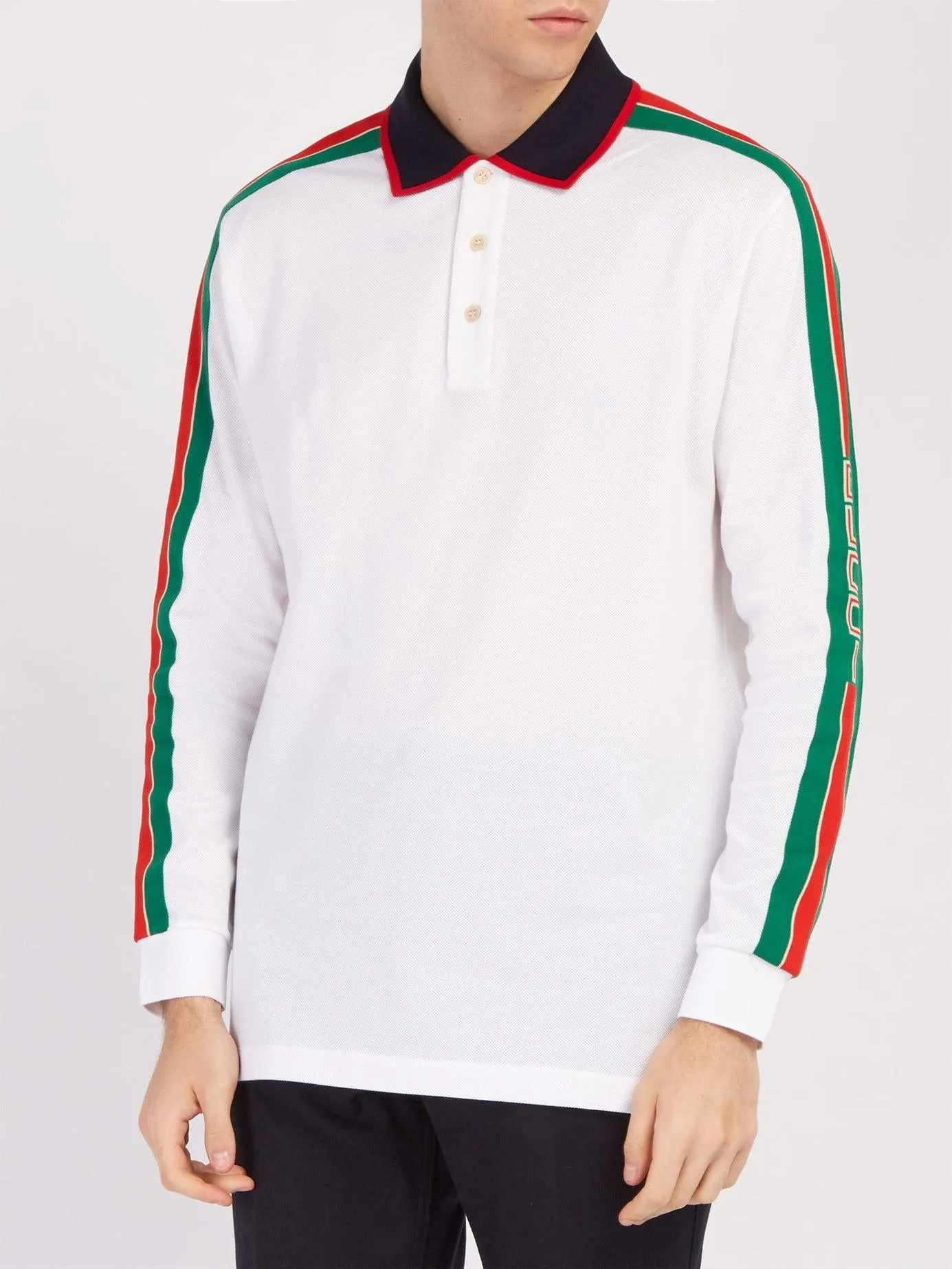 Gucci Web-stripe Detail Long Sleeve Polo in White