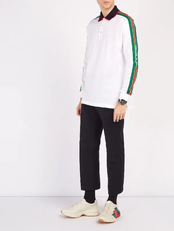 Gucci Web-stripe Detail Long Sleeve Polo in White