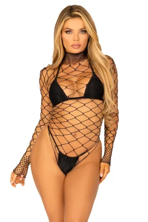 High Neck Fence Net Long Sleeved Bodysuit W/Snap Crotch Thong Panty