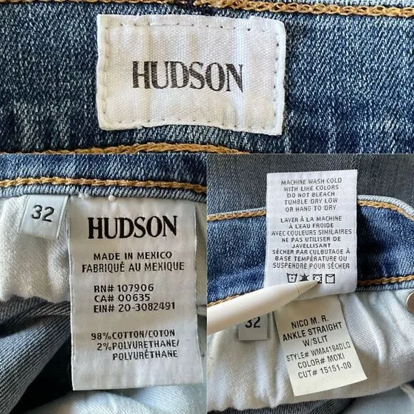 Hudson Blue Moxi Nico Ankle Straight Slit Split Hem Denim Jeans 32