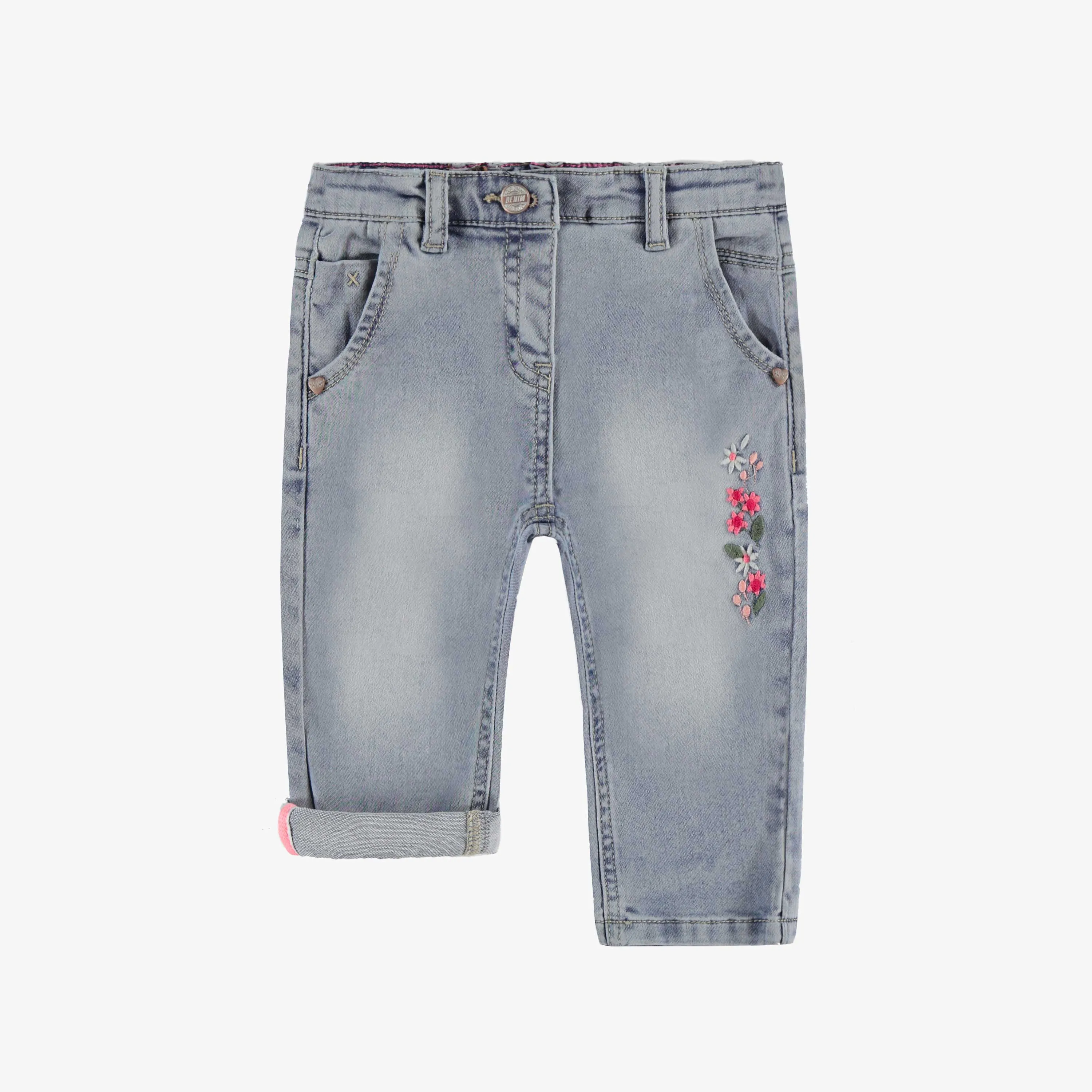 Jean bleu pâle avec broderie florale, bébé || Pale blue jeans with floral embroidery, baby
