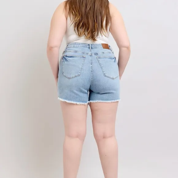 Judy Blue Full Size Tummy Control Raw Hem Denim Shorts Plus Size