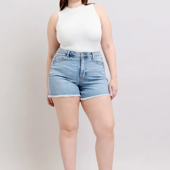 Judy Blue Full Size Tummy Control Raw Hem Denim Shorts Plus Size