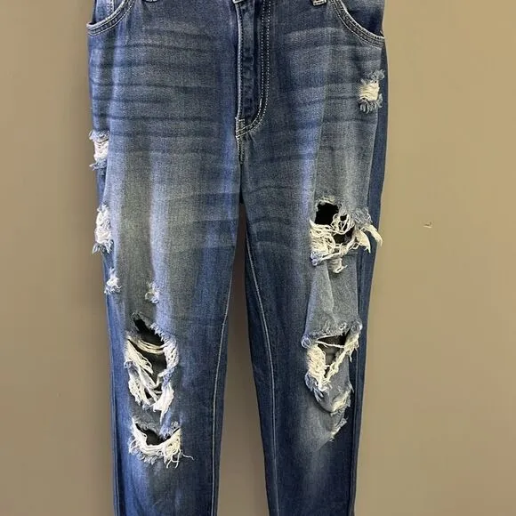 KanCan Medium Blue Very Distressed Faded Straight Leg 5-Pocket Jeans- Size 9/28