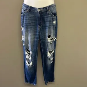 KanCan Medium Blue Very Distressed Faded Straight Leg 5-Pocket Jeans- Size 9/28
