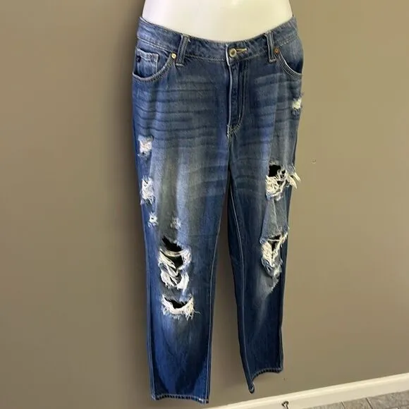 KanCan Medium Blue Very Distressed Faded Straight Leg 5-Pocket Jeans- Size 9/28