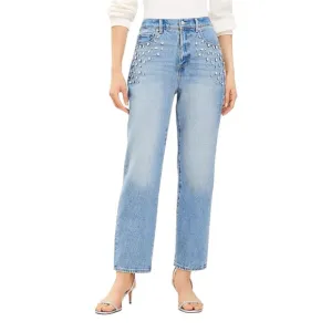 LOFT Rhinestone High Rise Straight Jeans in Vintage Distressed Wash