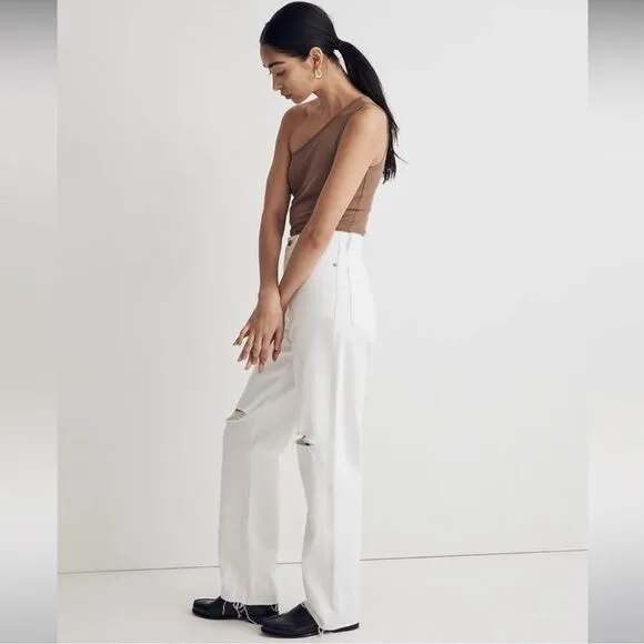 Madewell NWT High Rise Baggy Straight Jeans Size 23 Ripped Edition in White