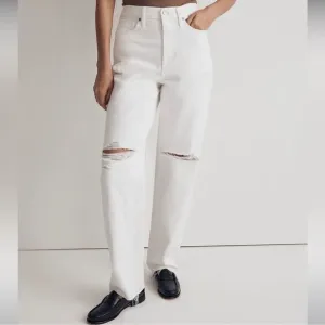 Madewell NWT High Rise Baggy Straight Jeans Size 23 Ripped Edition in White