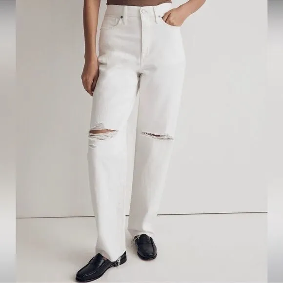 Madewell NWT High Rise Baggy Straight Jeans Size 23 Ripped Edition in White