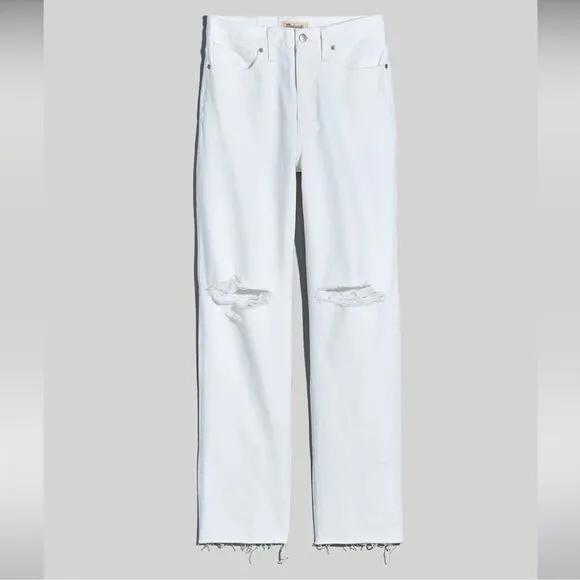 Madewell NWT High Rise Baggy Straight Jeans Size 23 Ripped Edition in White