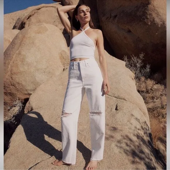 Madewell NWT High Rise Baggy Straight Jeans Size 23 Ripped Edition in White