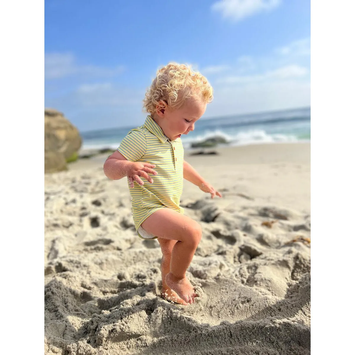 Me & Henry Yellow/Aqua Stripe Jetty Polo Romper