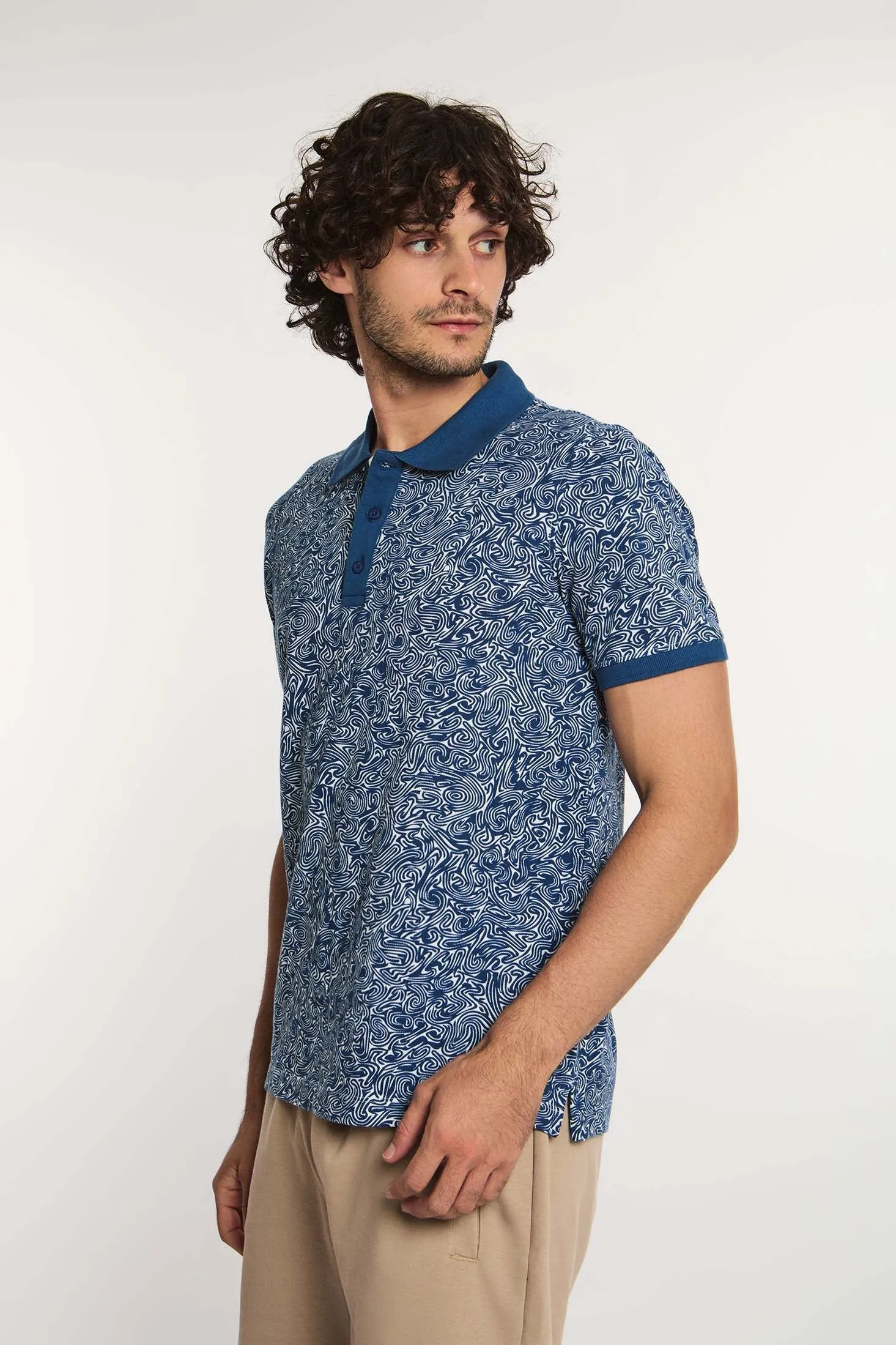 Men Polo Cotton Printed Regular Fit Navy