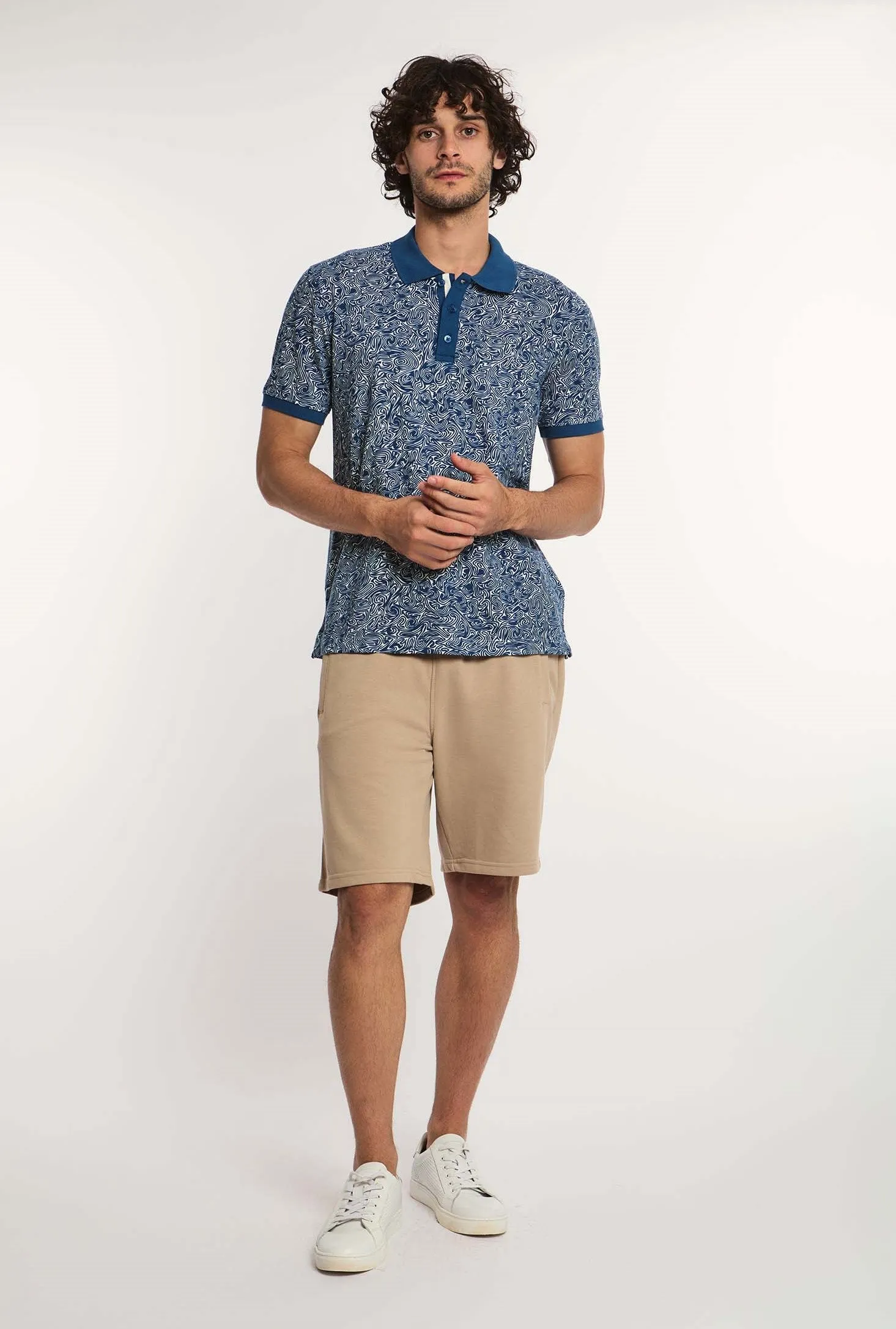 Men Polo Cotton Printed Regular Fit Navy