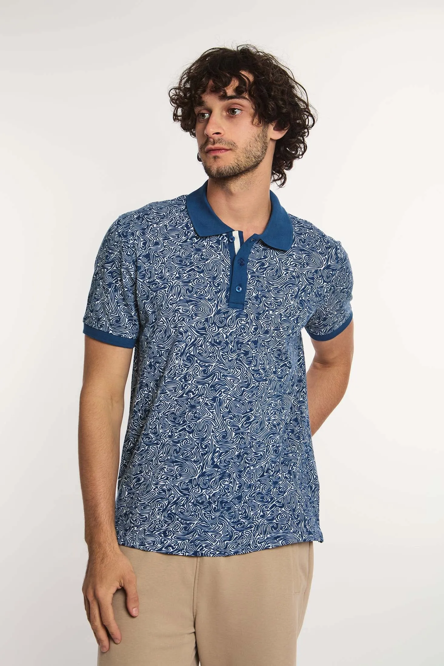 Men Polo Cotton Printed Regular Fit Navy
