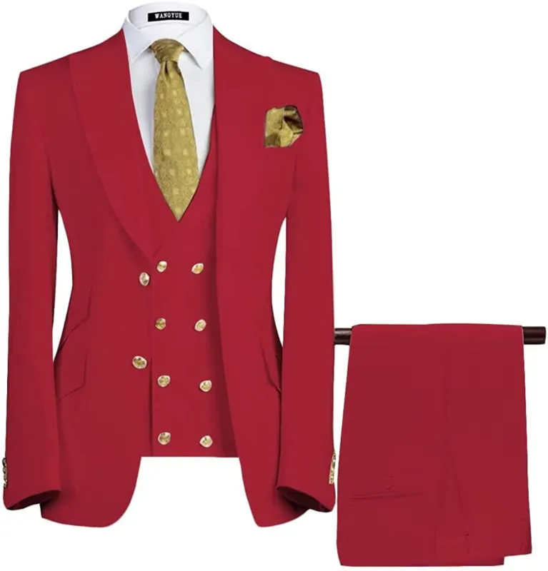 Modern Red Three Pieces Peaked Lapel Prom Suits Tuxedo for Men Slim Fit