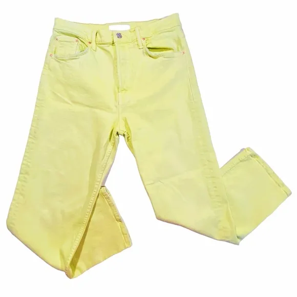 MOTHER Denim Tomcat Sz 33 High Rise Crop Straight Jeans Citron Yellow RARE