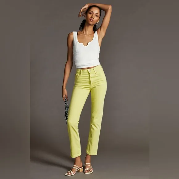 MOTHER Denim Tomcat Sz 33 High Rise Crop Straight Jeans Citron Yellow RARE