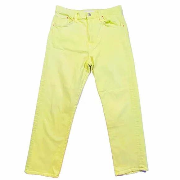 MOTHER Denim Tomcat Sz 33 High Rise Crop Straight Jeans Citron Yellow RARE