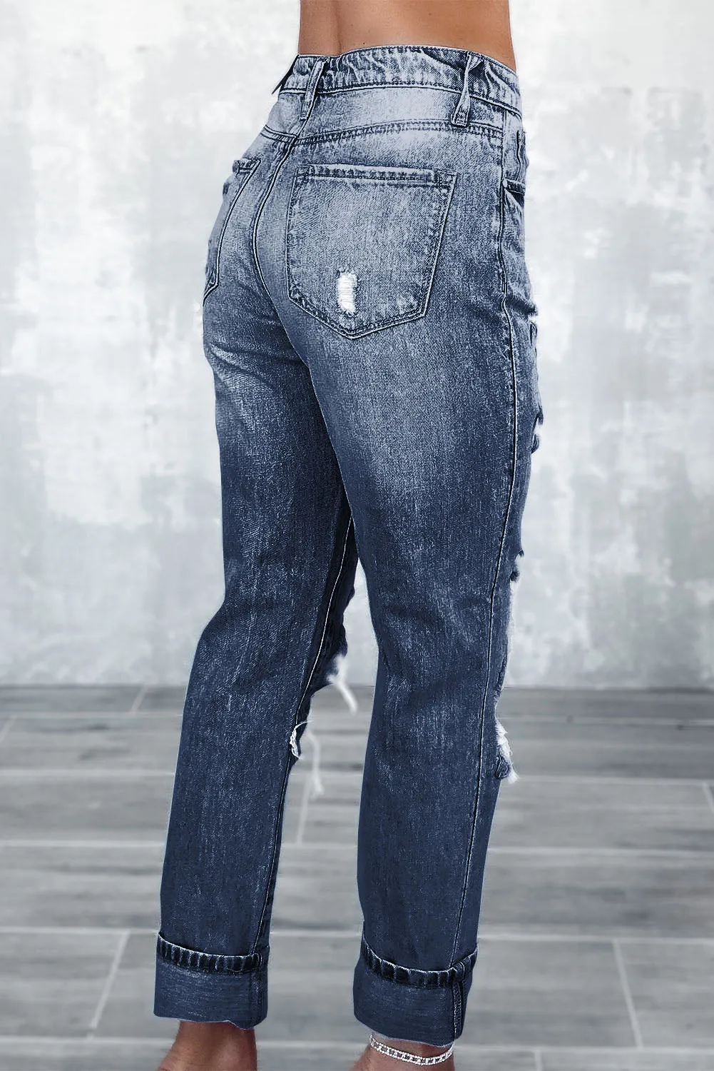 Navy Blue Light Wash Frayed Slim Fit High Waist Jeans