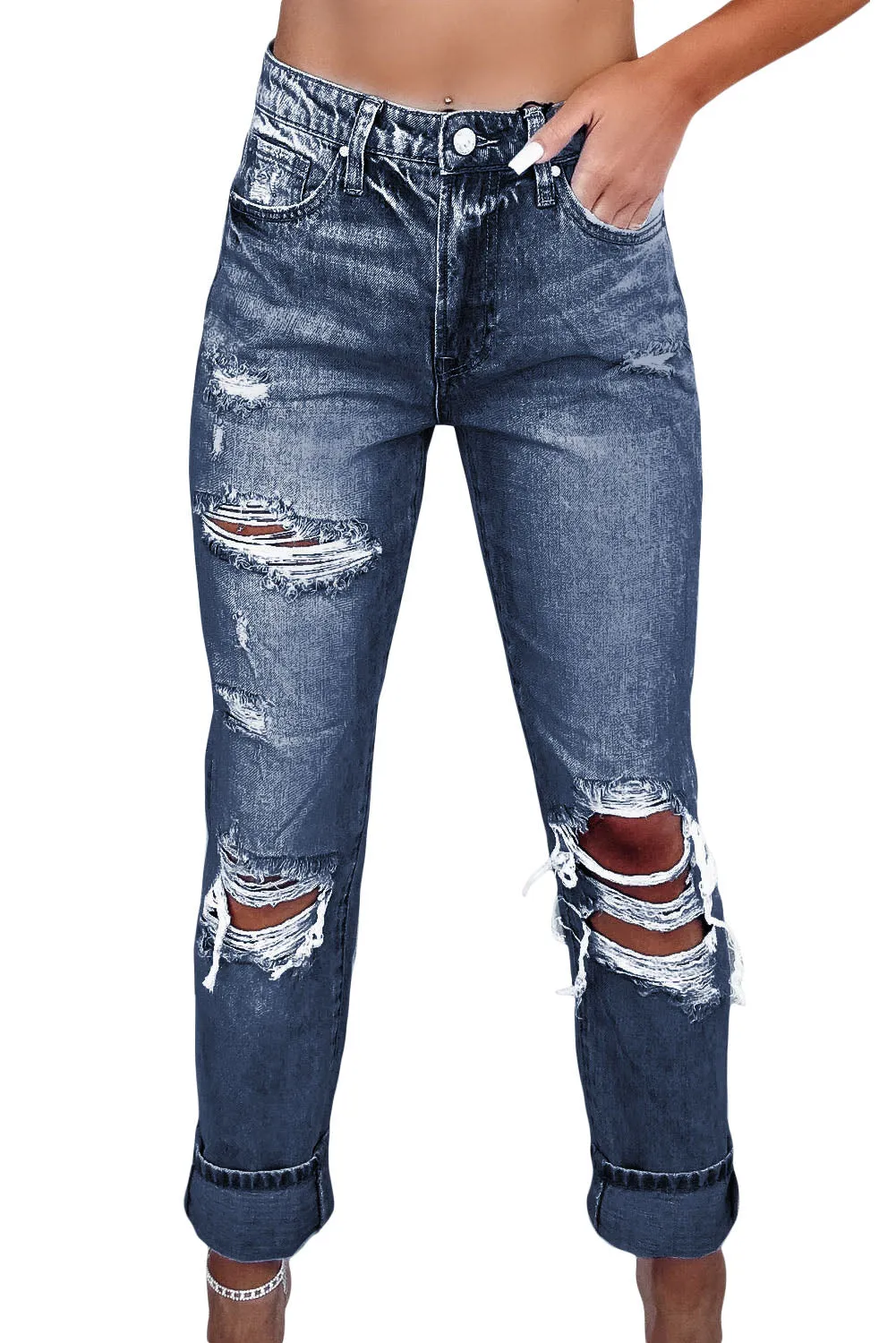 Navy Blue Light Wash Frayed Slim Fit High Waist Jeans