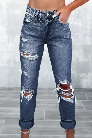 Navy Blue Light Wash Frayed Slim Fit High Waist Jeans