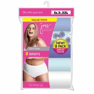 New no package! Just My Size Women`s Cotton TAGLESS Brief Panties — 8-Pack, Assorted Pattern/colours, Sz 9 (XXL)