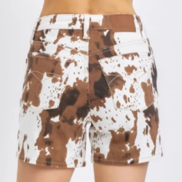 NWT JUDY BLUE HIGH WAIST BROWN COW PRINT DENIM SHORTS
