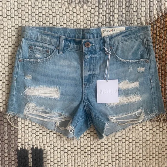 NWT Pistola Mid Rise Raw Hem Ripped Cut off Denim Jean Shorts Size 27 Brand New