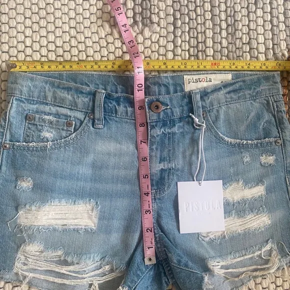 NWT Pistola Mid Rise Raw Hem Ripped Cut off Denim Jean Shorts Size 27 Brand New