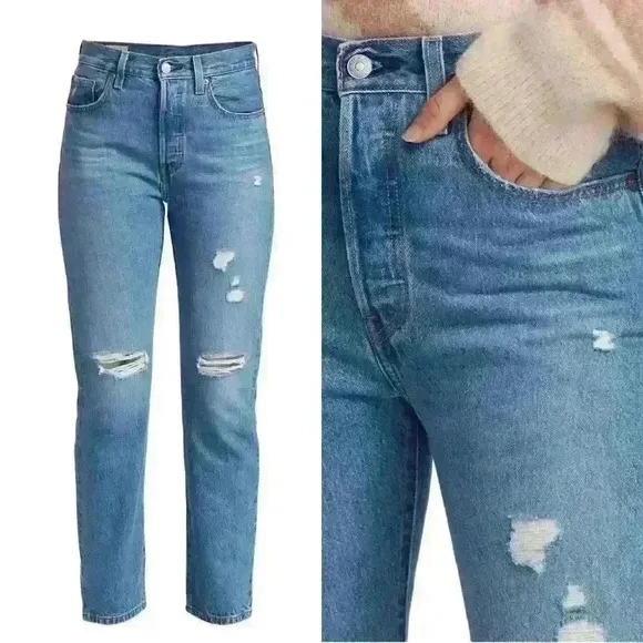 NWT Levi's 501 Crop Straight Leg Distressed Jeans - Athens Break