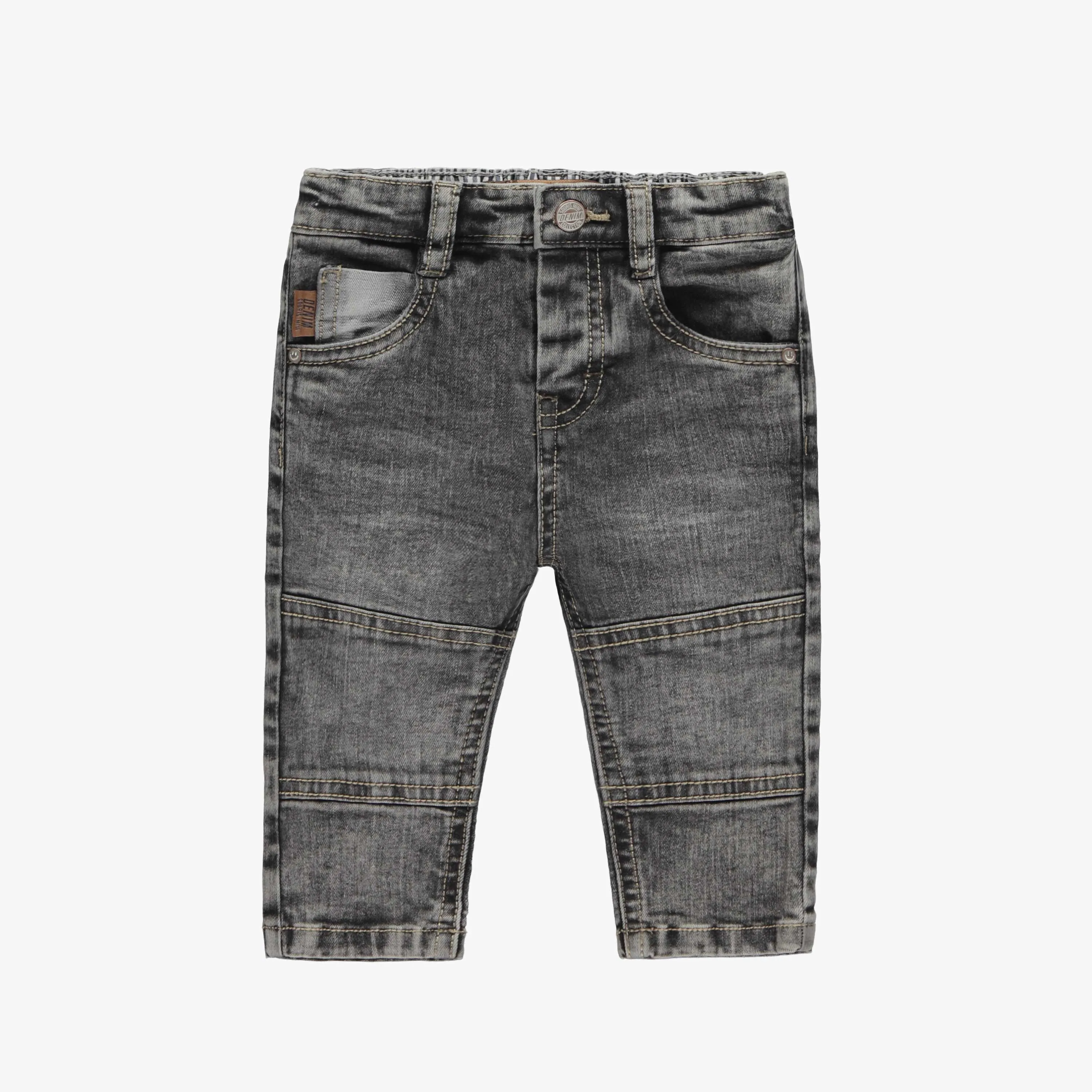 Pantalon coupe ajustée en denim léger extensible, gris moyen, bébé || Slim fit pants in grey light stretch denim, baby