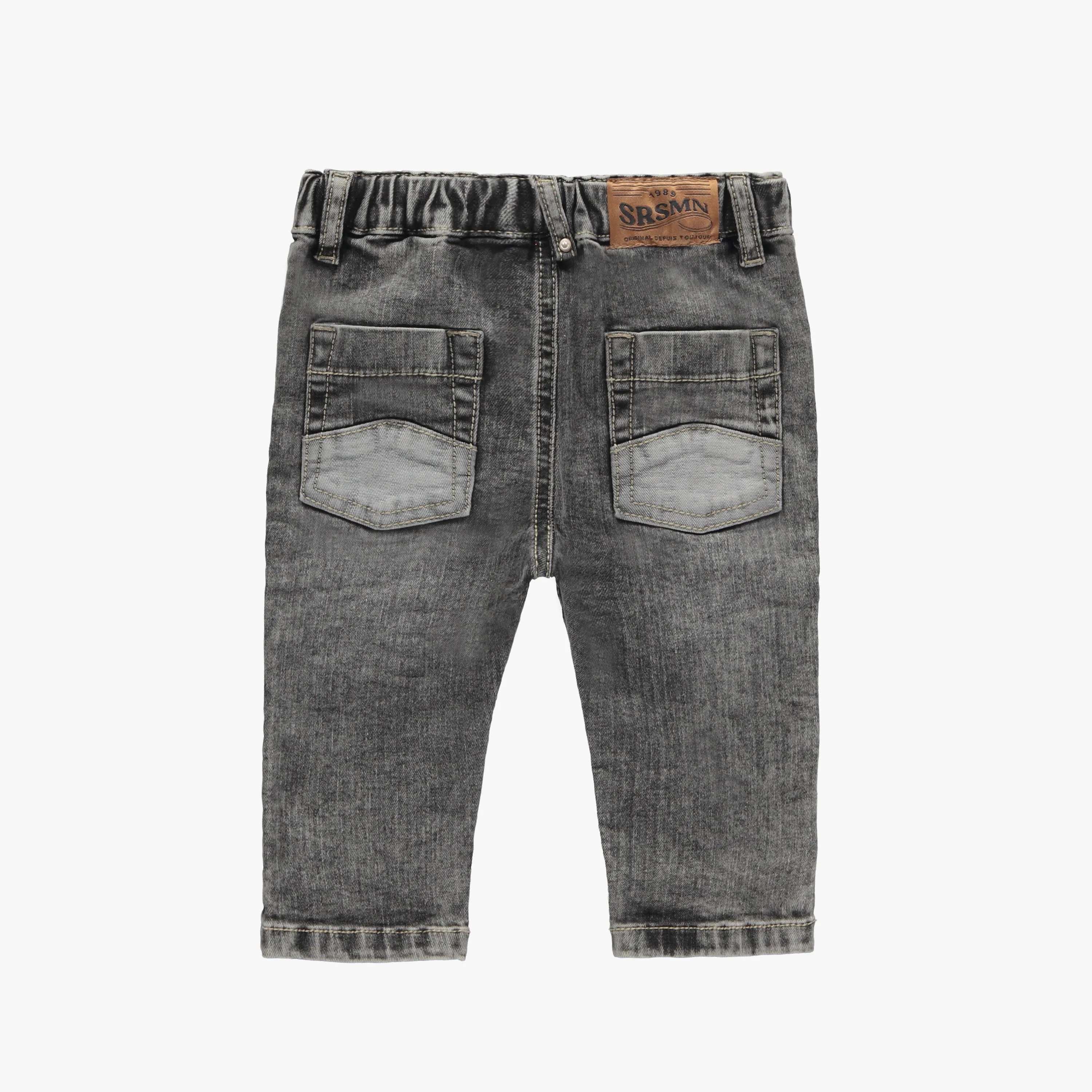 Pantalon coupe ajustée en denim léger extensible, gris moyen, bébé || Slim fit pants in grey light stretch denim, baby