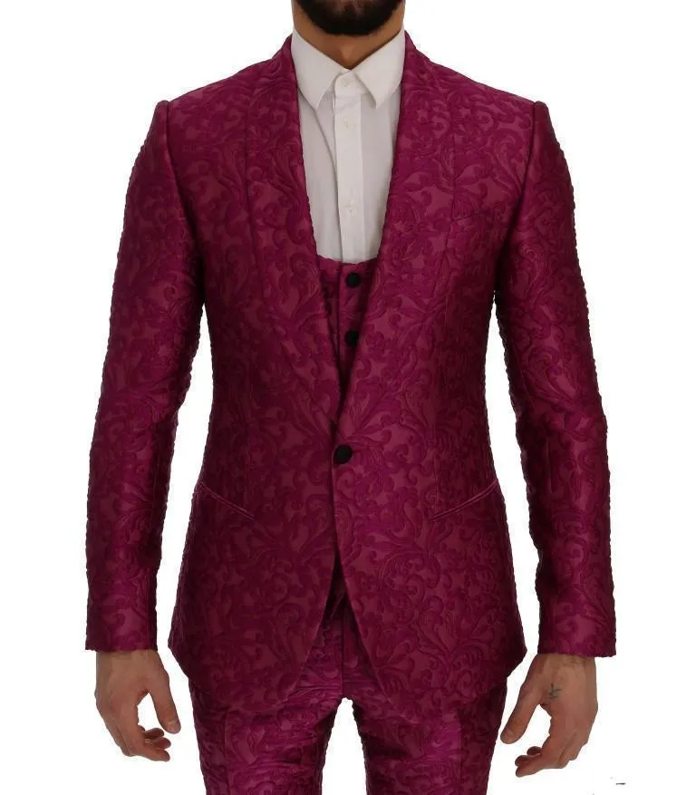 Pink Jacquard 3 Piece Slim fit Suit