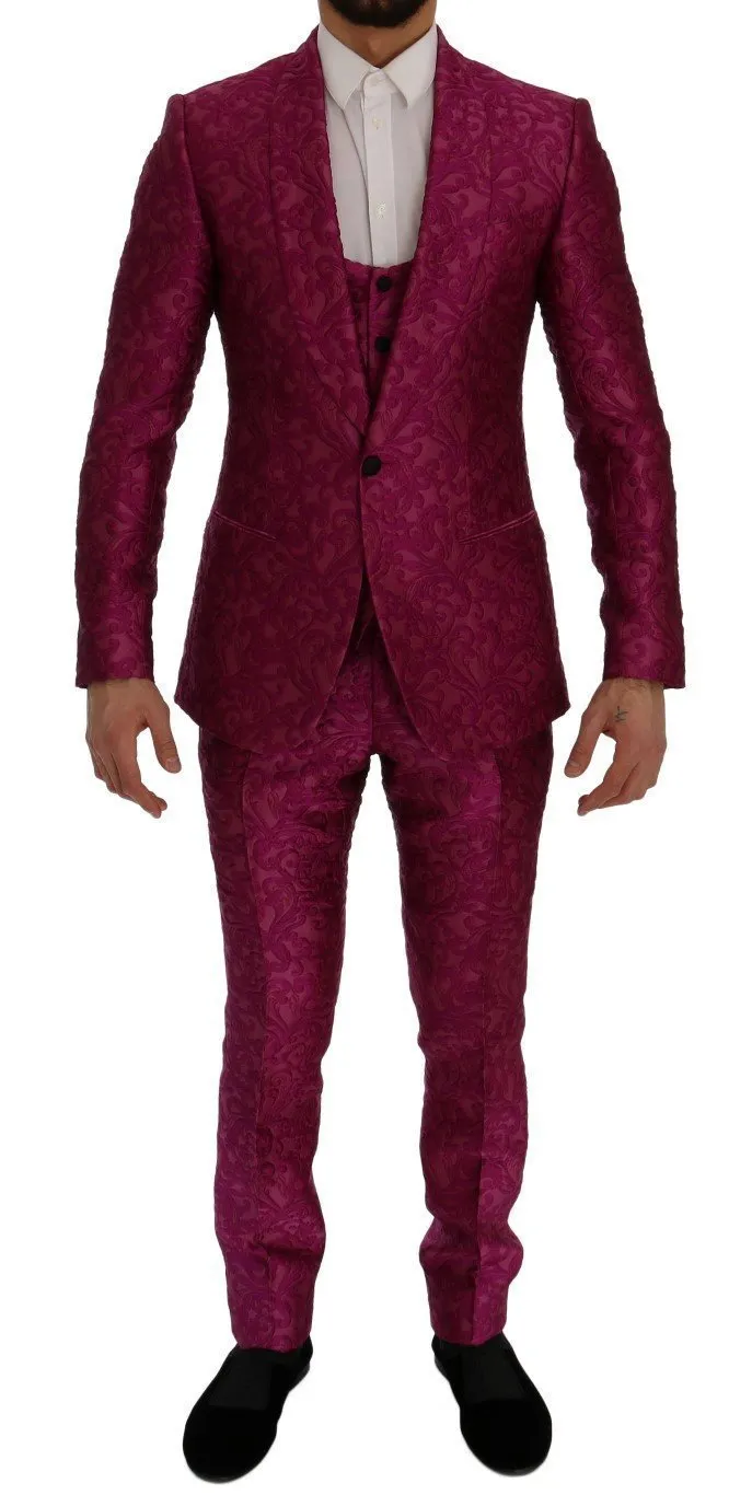 Pink Jacquard 3 Piece Slim fit Suit