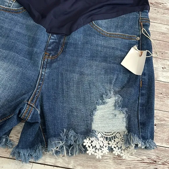 PinkBlush Blue Distressed Crochet Trim Maternity Denim Shorts
