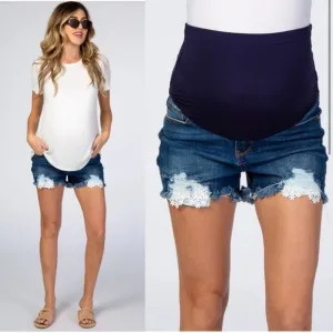 PinkBlush Blue Distressed Crochet Trim Maternity Denim Shorts