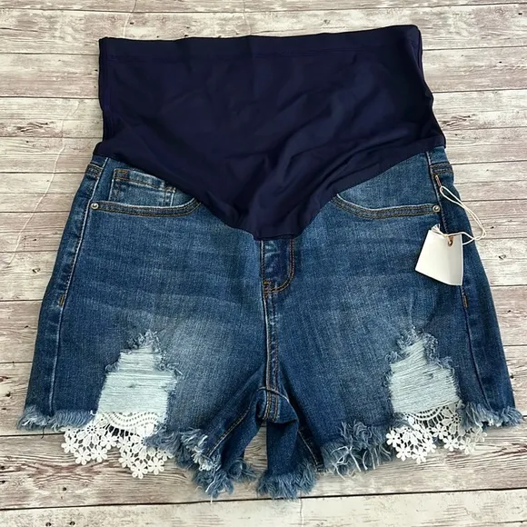 PinkBlush Blue Distressed Crochet Trim Maternity Denim Shorts