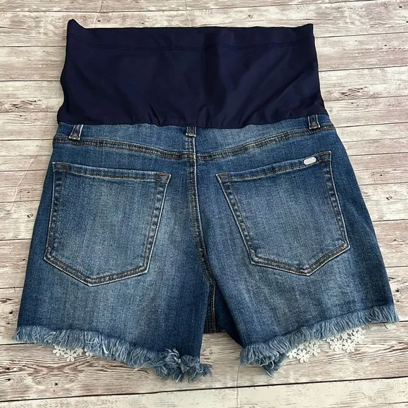 PinkBlush Blue Distressed Crochet Trim Maternity Denim Shorts