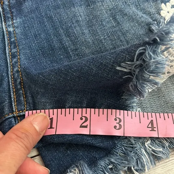 PinkBlush Blue Distressed Crochet Trim Maternity Denim Shorts