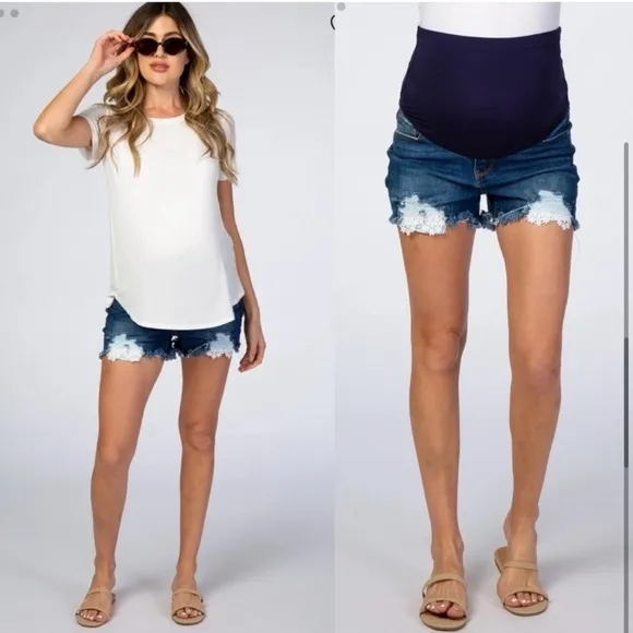 PinkBlush Blue Distressed Crochet Trim Maternity Denim Shorts