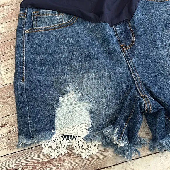 PinkBlush Blue Distressed Crochet Trim Maternity Denim Shorts