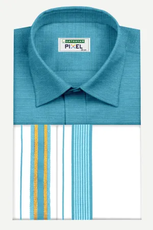 Pixel - Ramar Blue Matching Shirt and Double Design Fancy Border Dhoti Set For Men | Uathayam