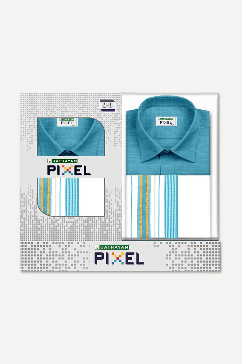 Pixel - Ramar Blue Matching Shirt and Double Design Fancy Border Dhoti Set For Men | Uathayam
