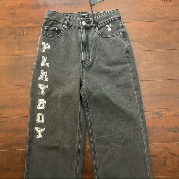 PLAYBOY By PacSun Denim Black Wash Jeans High Rise Straight Leg Slit Hem Size 24