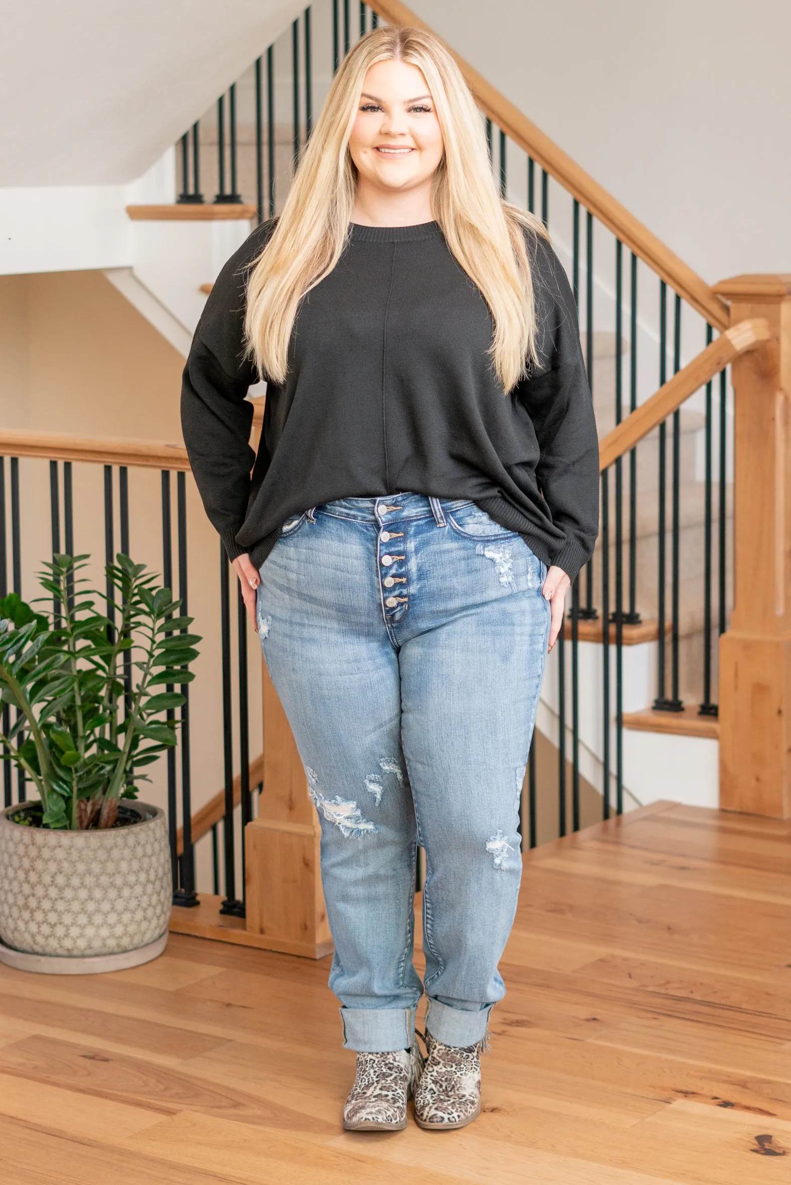 Plus Size Teagan Mid Rise Button Fly Boyfriend (Long Inseam Option)